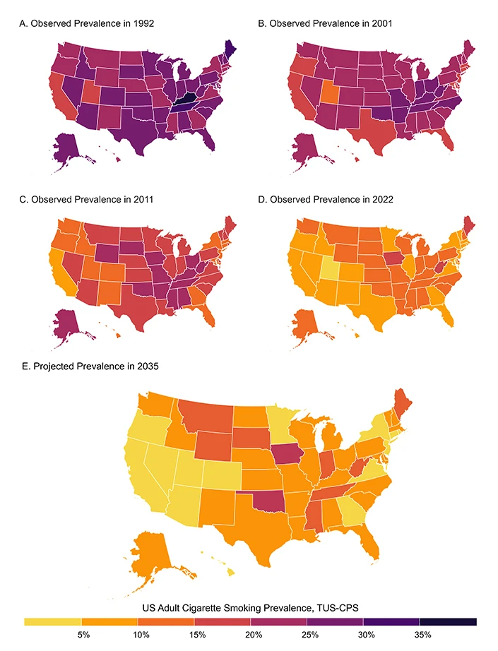 Χάρτης που αποτυπώνει τα ποσοστά καπνίσματος στις ΗΠΑ σε διαφορετικές χρονικές περιόδους
