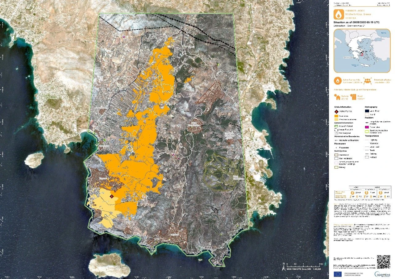 &nbsp;Η πληγείσα έκταση παρατίθεται με κίτρινο χρώμα και η πυρκαγιά που είχε εκδηλωθεί κατά το παρελθόν στις 26/6/2025 στο Θυμάρι