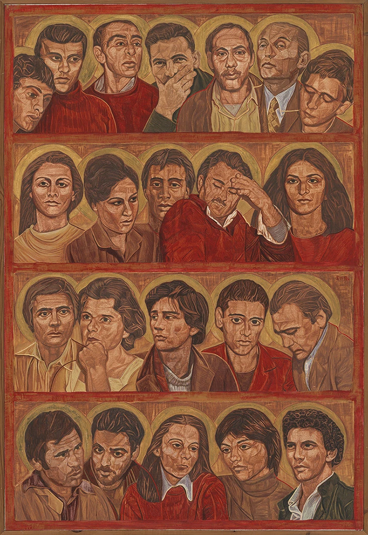Σούλα Πιτέρη, Τάξεις δικαίων, 1986, λάδι, 111,5x76 εκ. Συλλογή Σούλας Πιτέρη. Εκτέθηκε σε ομαδική έκθεση Θεσσαλονικέων καλλιτεχνών της Μικρής Πινακοθήκης ΔΙΑΓΩΝΙΟΣ (27/10-7/11/1986)