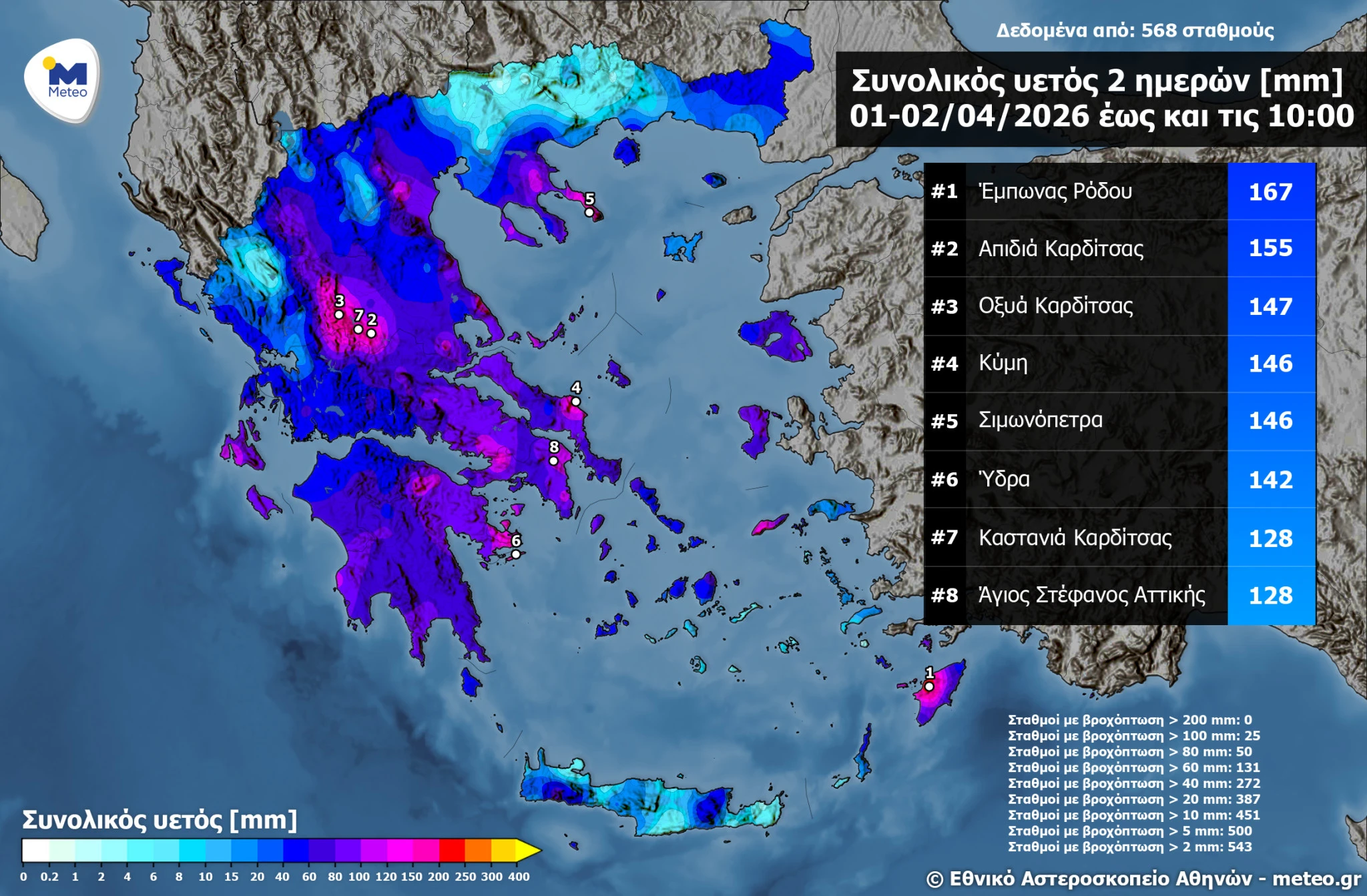 Xάρτης με τη χωρική κατανομή βροχόπτωσης από το δίκτυο αυτόματων μετεωρολογικών σταθμών του Εθνικού Αστεροσκοπείου Αθηνών/meteo.gr