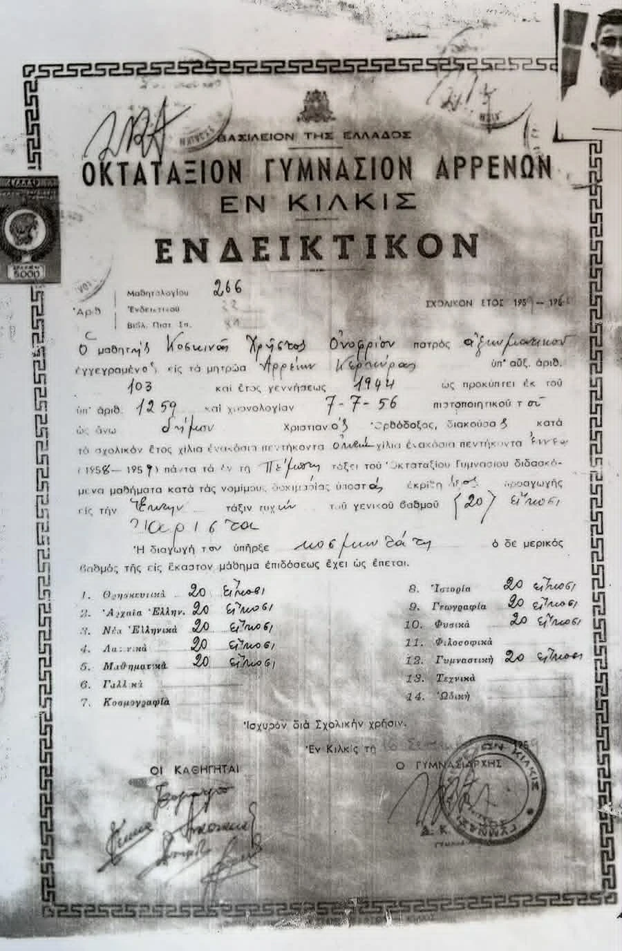 Tο απολυτήριο από το γυμνάσιο Αρρένων του Κιλκίς το 1956. Με μέσο όρο 20!