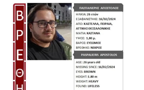 Νεκρός σε ακτή στο Μικρολίμανο βρέθηκε ο 26χρονος που είχε εξαφανιστεί από την Καστέλλα