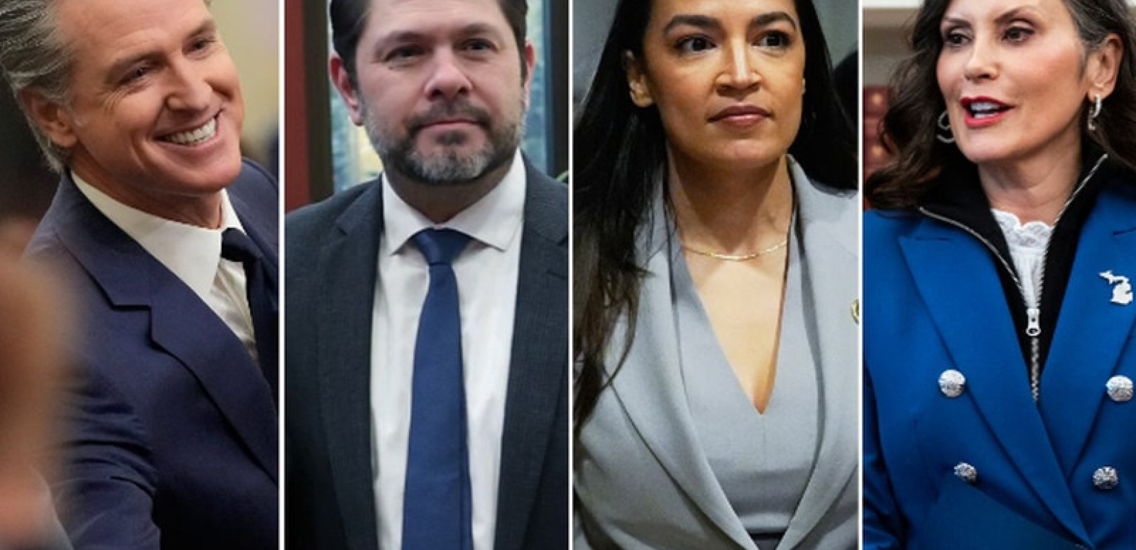 From left: California Gov. Gavin Newsom, Sen. Ruben Gallego (D-Arizona), Rep. Alexandria Ocasio-Cortez (D-New York) and Michigan Gov. Gretchen Whitmer. (AP/Getty Images/The Washington Post)