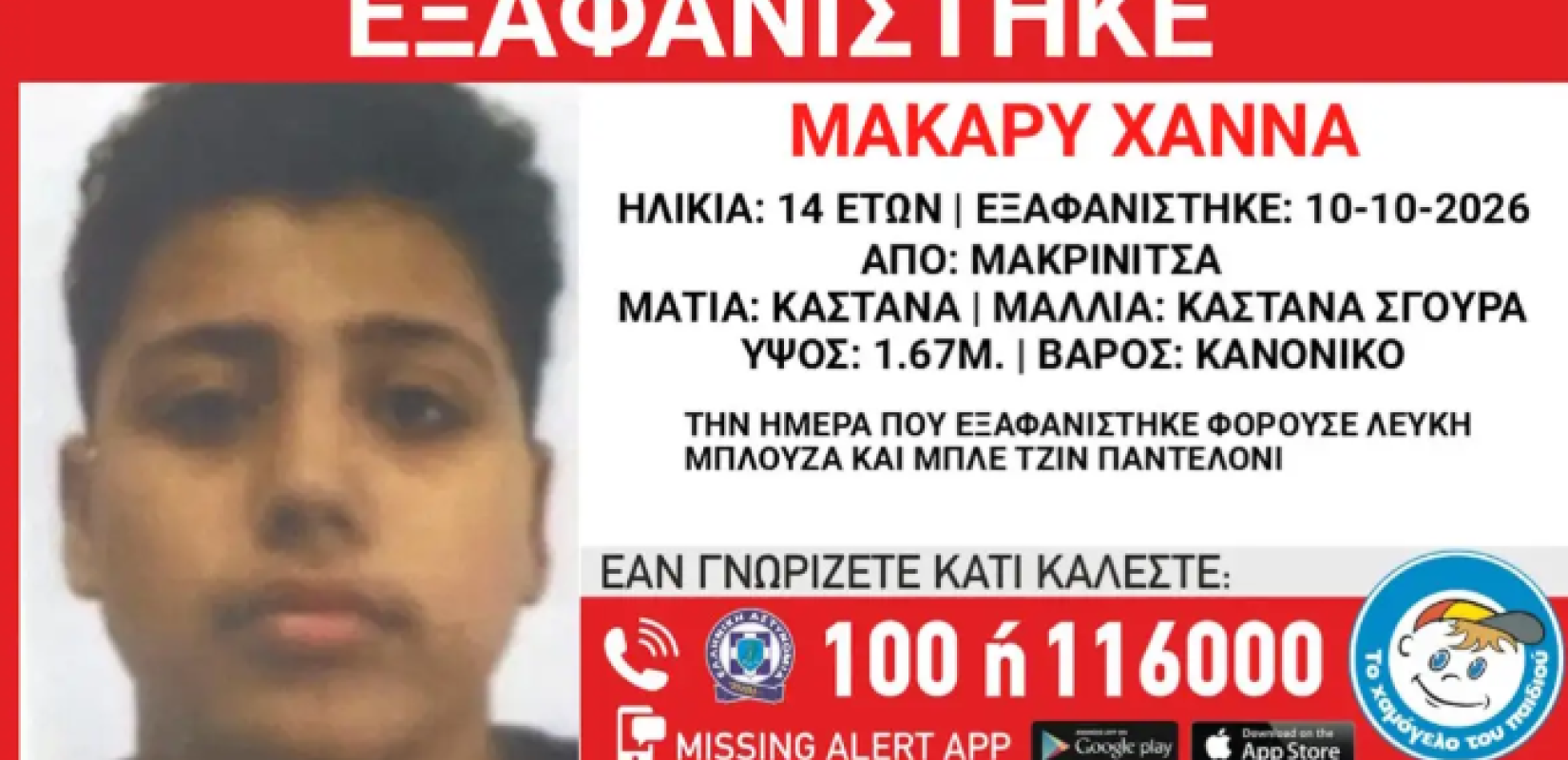 Εξαφάνιση 14χρονου από τη Μακρινίτσα – Η ανακοίνωση από το Χαμόγελο του Παιδιού